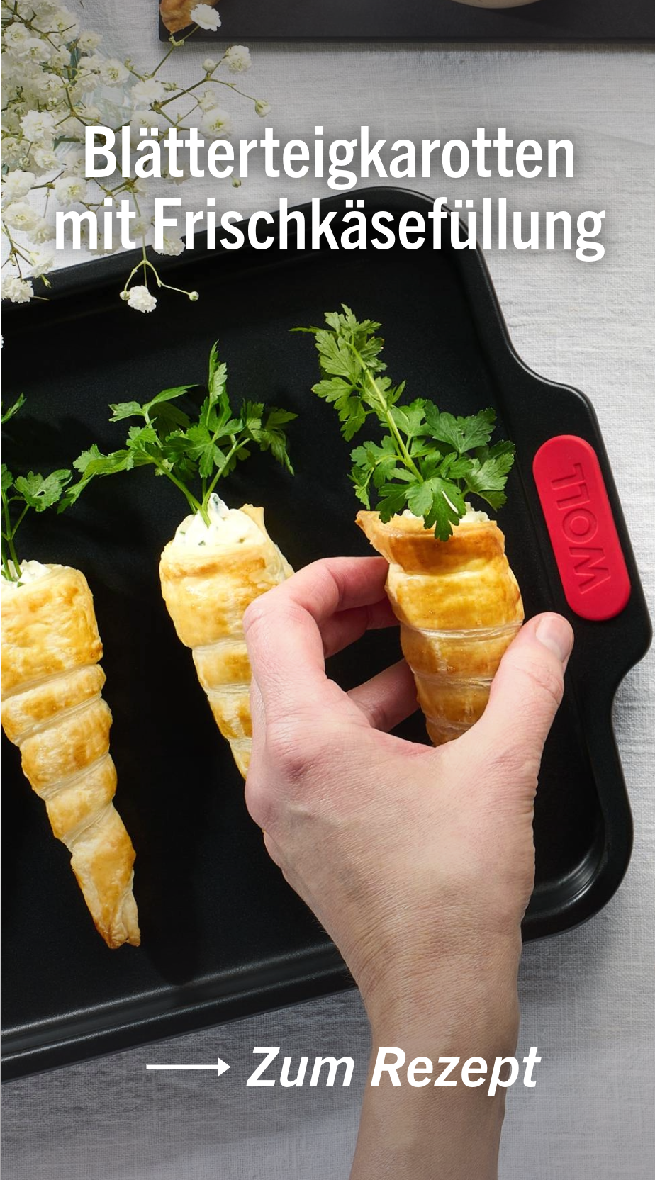 Zum Rezept für Blätterteig-Karotten mit Frischkäsefüllung